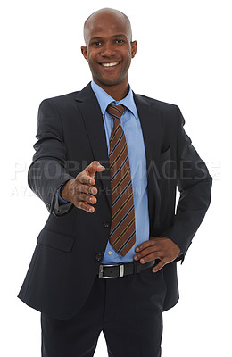 Buy stock photo Portrait, business and black man offer handshake in studio for b2b deal, welcome and thank you on white background. Happy worker shaking hands for recruitment, introduction and onboarding negotiation