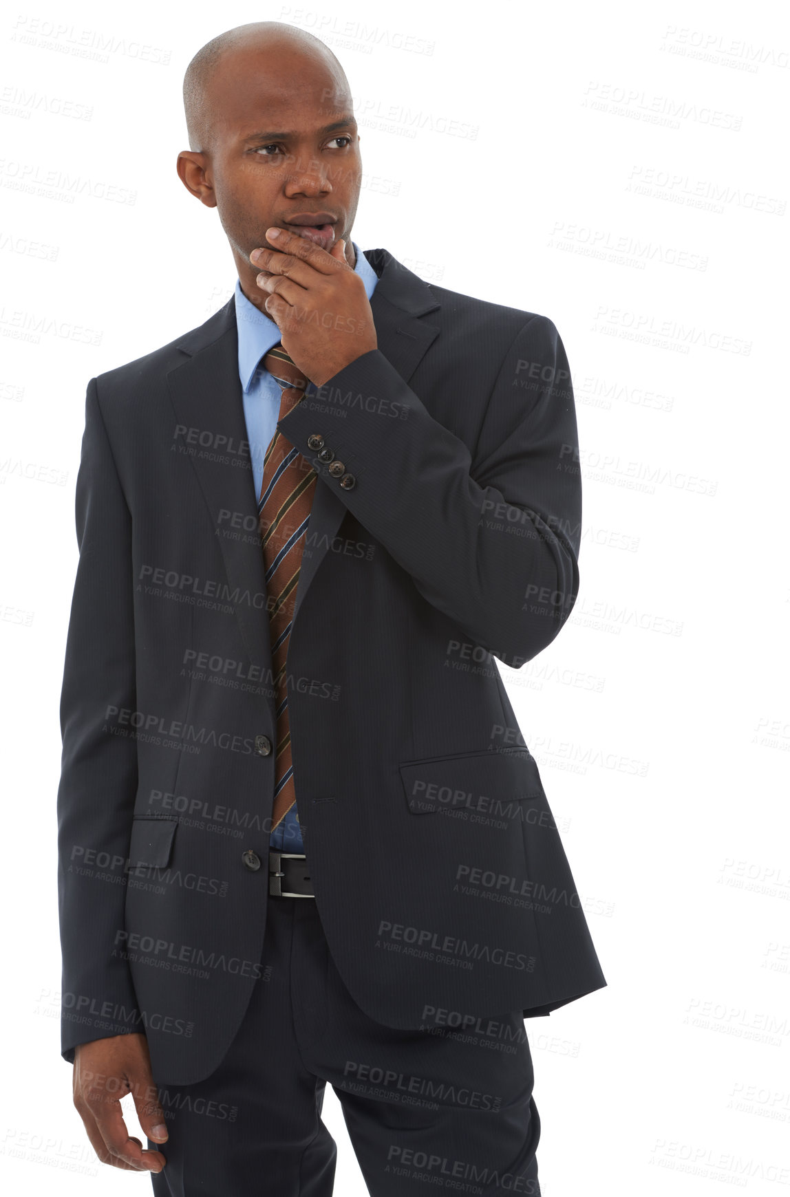 Buy stock photo Business, problem solving and thinking with black man, ideas and employee isolated on a white studio background. African person, model and worker with questions, decision and solution with choice
