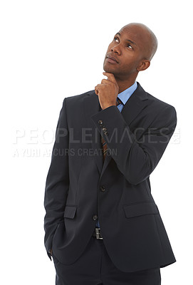 Buy stock photo Business, black man and thinking in studio of ideas, future decision and memory on white background. Corporate worker daydream of choice, planning solution and brainstorming questions, insight or why