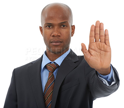 Buy stock photo African businessman, portrait or hand to stop in studio for danger warning or threat on white background. Serious worker, palm or body language for attention, gesture or wait for protection or safety
