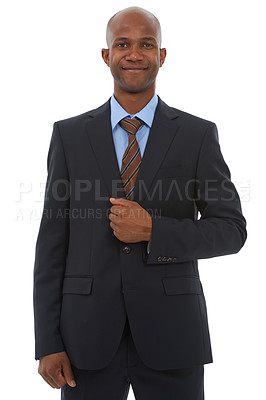Buy stock photo Happy, black man and portrait of lawyer in suit with confidence and pride in white background of studio. Legal, advisor and professional businessman or consultant smile with mindset for work mockup