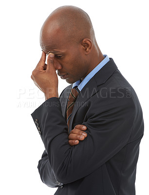 Buy stock photo Frustrated businessman, headache and mistake in stress, anxiety or mental health on a white studio background. Tired young black man or employee with migraine in burnout, debt or financial crisis