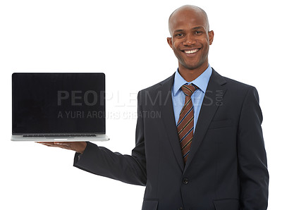 Buy stock photo Portrait, business or black man with a laptop, presentation and worker isolated on white studio background. Face, African person or model with pc, promotion or digital app with opportunity and screen