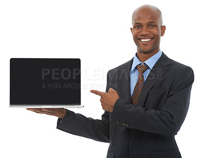 Buy stock photo Portrait, business and black man with a laptop, pointing and employee isolated on white studio background. Face, African person or model with pc, promotion or digital app with opportunity or feedback