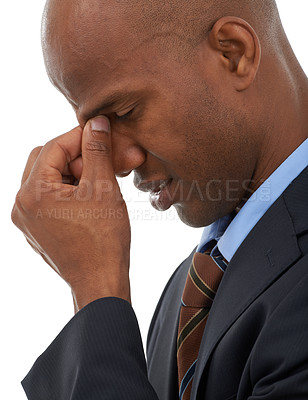 Buy stock photo Businessman, face and headache in mistake, stress or burnout on a white studio background, Closeup of black man or frustrated employee in fatigue, anxiety or depression with migraine or mental health
