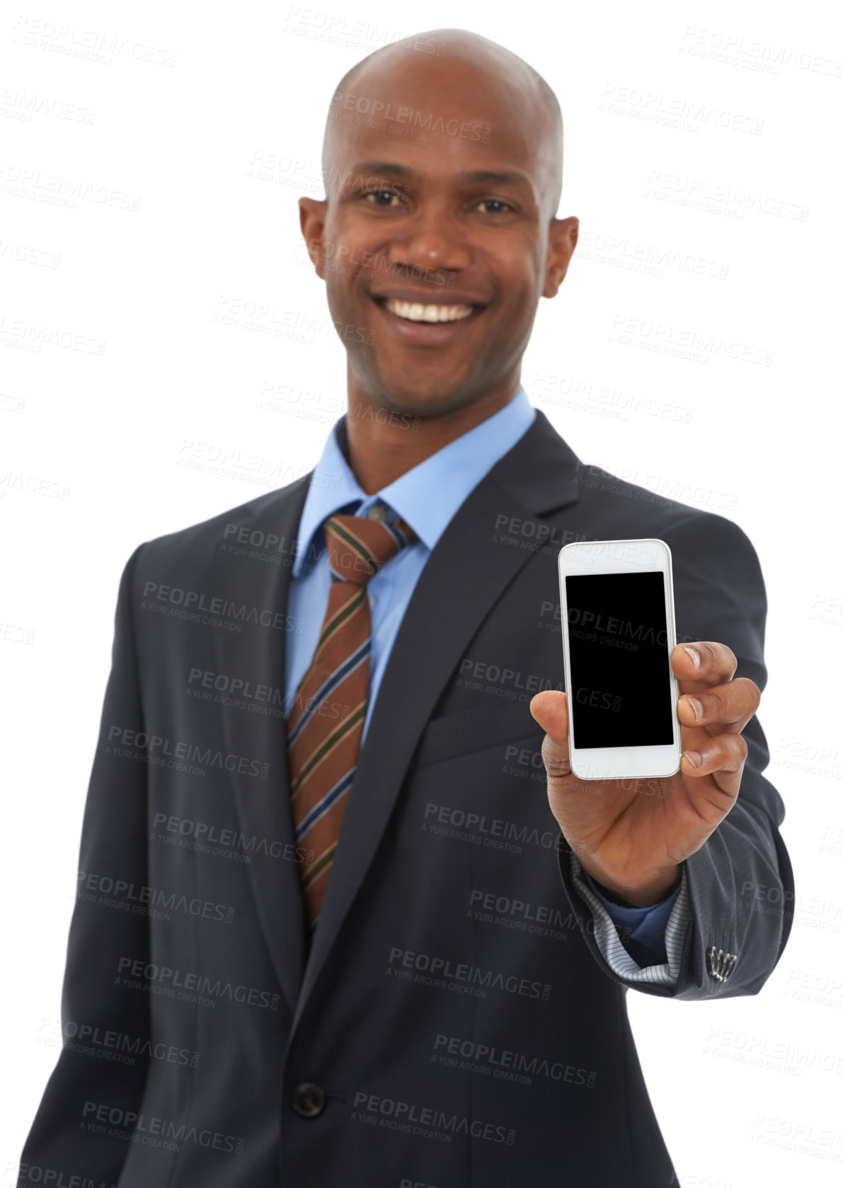 Buy stock photo An African-American businessman holding a cellphone against a white backgroujnd