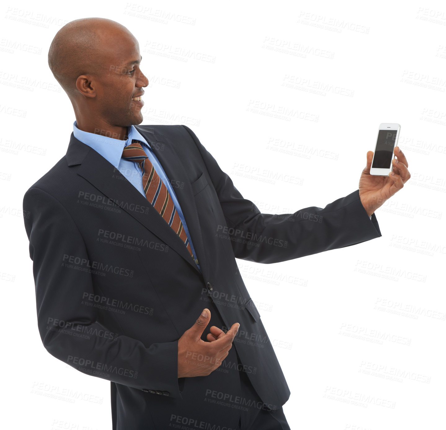 Buy stock photo Wow, smile and phone with business black man in studio isolated on white background for good news communication. Surprise, social media or app and happy young employee with mobile for promotion