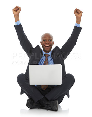 Buy stock photo Happy businessman, portrait and laptop with fist pump for promotion, bonus or celebration on a white studio background. Excited black man or employee smile on computer for winning, deal or good news