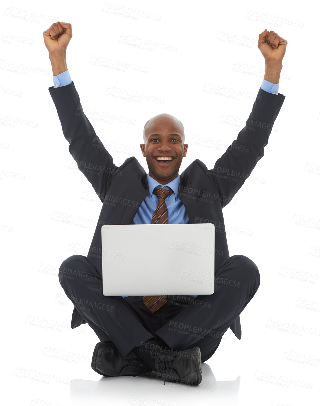 Buy stock photo Happy businessman, portrait and laptop with fist pump for promotion, bonus or celebration on a white studio background. Excited black man or employee smile on computer for winning, deal or good news