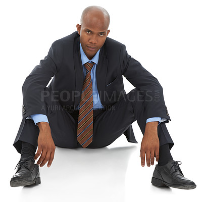 Buy stock photo Businessman, portrait and sitting in studio or tired burnout for project proposal deadline, lawyer or white background. Male person, face and unhappy or overworked employee fatigue, mockup or fail