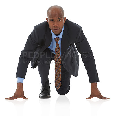 Buy stock photo Businessman, portrait and start position for corporate competition or race for promotion, growth or raise. Male person, face and running to company law goals or white background, studio or mockup