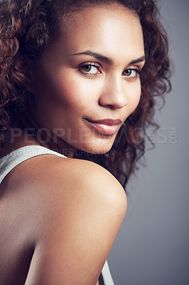 Buy stock photo Smile, attractive and portrait of model woman isolated on a dark background in studio. Stylish, confident and a young lady with happiness, curly hair and looking beautiful on a backdrop for modeling