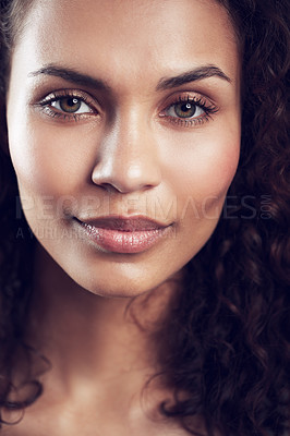 Buy stock photo Smile, beautiful and portrait of a model woman with happiness, calm and smiling with a closeup. Happy, eyes and face of a young girl looking feminine, attractive and with facial makeup for confidence