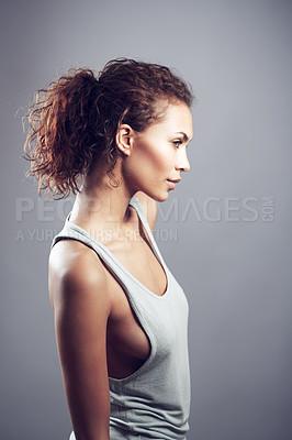 Buy stock photo Woman, curly hair and thinking in studio profile with beauty, wellness and healthy by gray background. Girl, model and isolated with fashion, clothes and think of idea, memory or remember by backdrop
