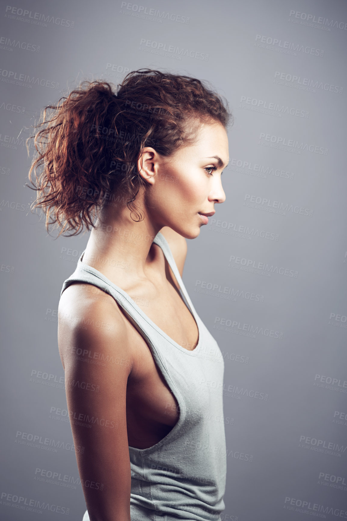 Buy stock photo Woman, curly hair and thinking in studio profile with beauty, wellness and healthy by gray background. Girl, model and isolated with fashion, clothes and think of idea, memory or remember by backdrop