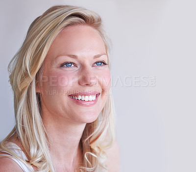 Buy stock photo Thinking, happy and a young woman with smile for idea, vision and memory with mockup space. Face, female person and excitement emoji for future, contemplating or planning on a white background