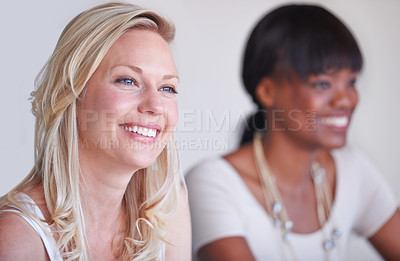 Buy stock photo Happy woman, creative and smile for meeting in boardroom with team for strategy, discussion or planning. Professional, female manager and advice with excitement face for brainstorming session
