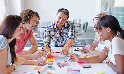 Buy stock photo Teamwork, creative and business people on color swatches, brainstorming and decision in meeting, cooperation and collaboration in office startup. Happy group, designer and planning palette together