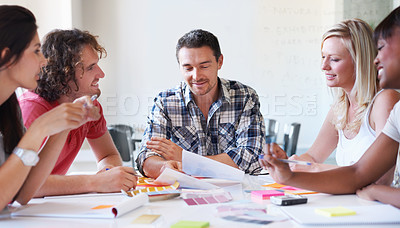 Buy stock photo Teamwork, brainstorming and business people on color palette, creative strategy and meeting, cooperation and collaboration in office startup. Happy group, designer and planning swatches together