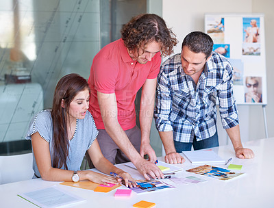 Buy stock photo Teamwork, brainstorming and business people on color palette at table in meeting, cooperation and collaboration in office startup. Creative group, designer and swatches, planning together or strategy