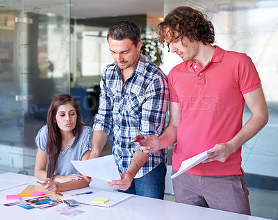 Buy stock photo Teamwork, creative and business people brainstorming at table in meeting, cooperation and collaboration in office startup. Group, designer and color swatches, photograph or planning strategy together