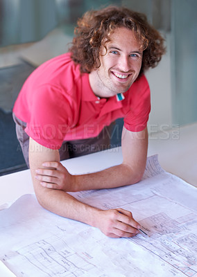 Buy stock photo Portrait, happy man and architect on blueprint working on creative project on startup table. Face, designer smile and engineer on drawing, document and professional sketch for planning construction