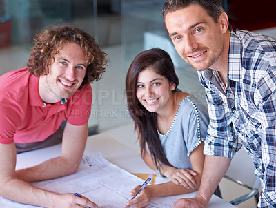 Buy stock photo Teamwork, blueprint or portrait of creative people in meeting for development or architecture in startup. Happy engineers, smile or designers planning floor plan strategy, project or problem solving