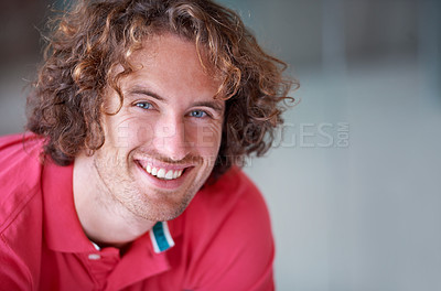 Buy stock photo Space, entrepreneur or portrait of happy man in office with pride, small business or confidence. Face, creative designer or casual employee with smile at startup agency job, career or company mockup