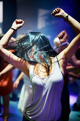 Buy stock photo Woman, dancing and music at rave, happy and party in nightclub, festival and dj event. Disco, rock and freedom with excited girl in crowd of fans for celebration, energy and techno performance