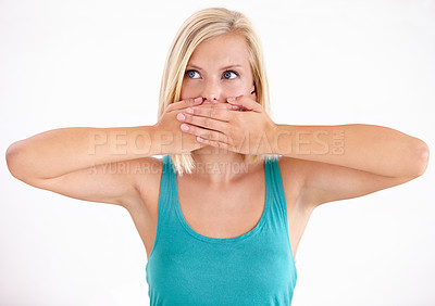 Buy stock photo Woman, thinking and cover mouth with secret about announcement in studio on white background. Wow, surprise and girl with hands on face to hush gossip or omg expression for crazy news, story or idea
