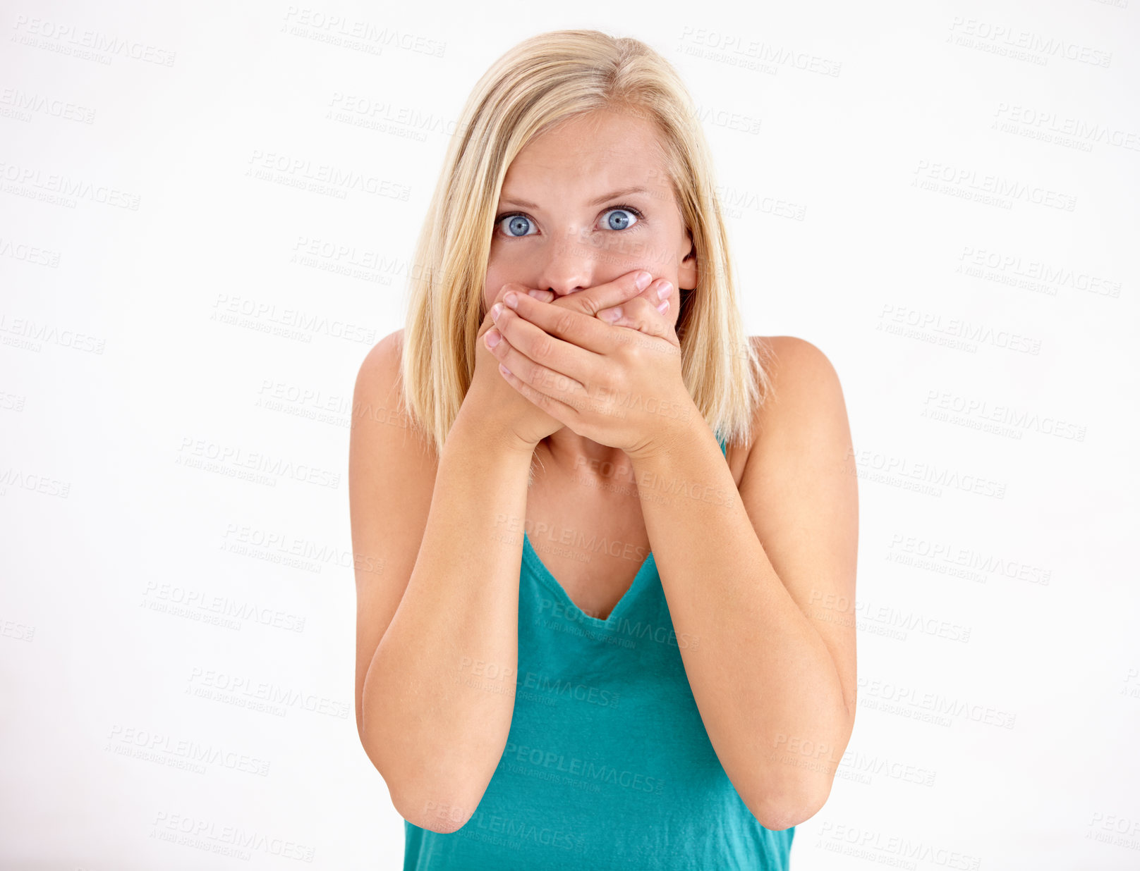 Buy stock photo Gossip, portrait and woman cover mouth in surprise for announcement in studio on white background. Wow, shocked and girl with wtf, fake news or omg expression for crazy secret, mistake or drama