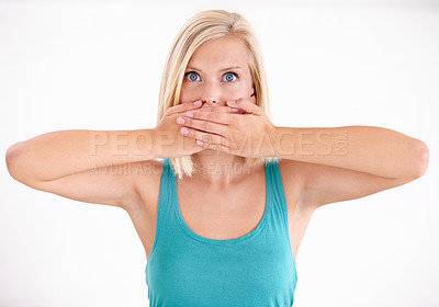 Buy stock photo Silence, portrait and woman with hands on mouth, scared and confused with confidential secret in studio. Quiet, privacy and shocked face of girl with gossip, anxiety and surprise on white background.