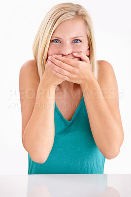 Buy stock photo Woman, gossip and cover mouth in portrait with funny, surprise and announcement in studio on white background. Wow, shocked and girl with hands on face for crazy fake news, secret or story of drama