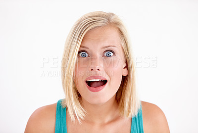 Buy stock photo Wow, shock and surprise, portrait of woman with fake news or announcement of discount sale in studio. Person with confused face, emoji or meme for gossip drama with girl isolated on white background.