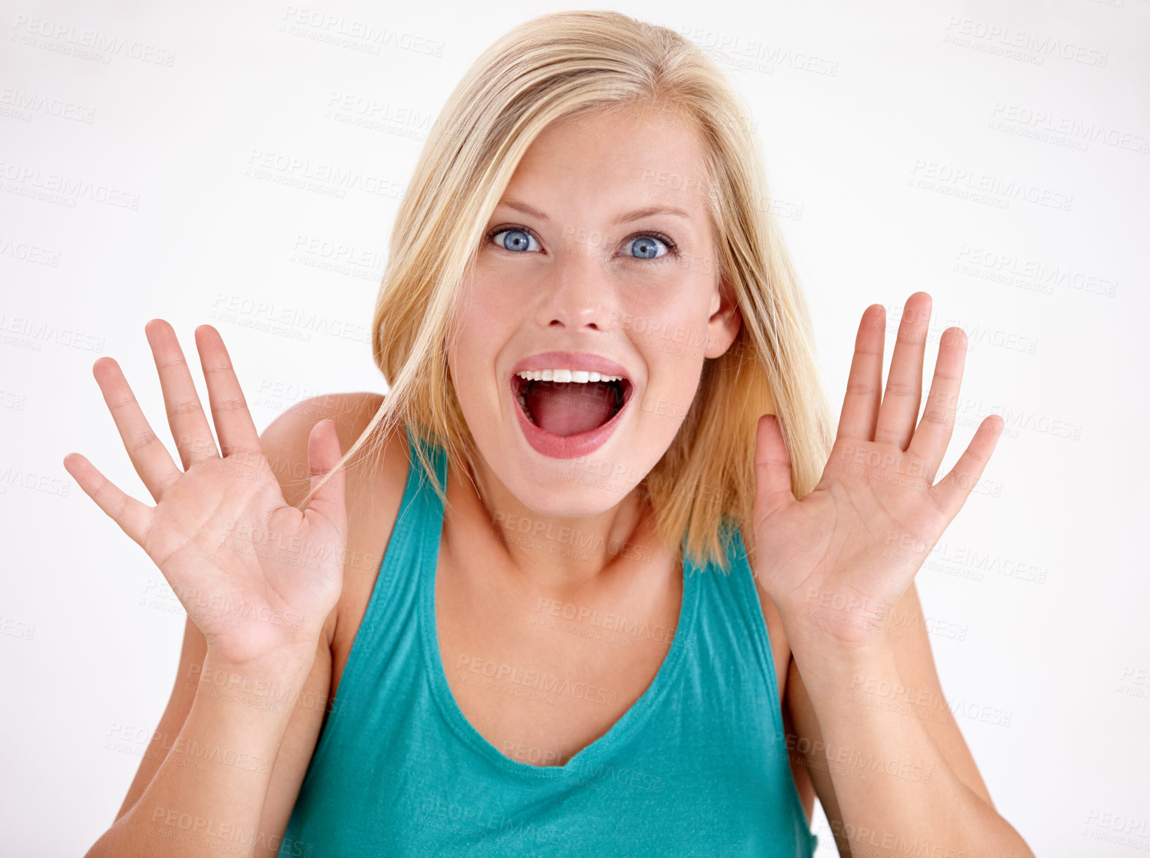 Buy stock photo Surprise, happy and portrait of woman on a white background with good news, deal and sale. Excited, emoji reaction and face of person with hands up for announcement, information and shocked in studio