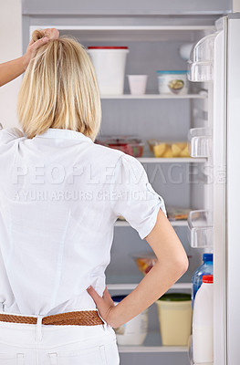 Buy stock photo Woman, fridge and thinking for food meal decision or dinner eating, cooking thoughts for lunch snack. Female person, home appliance and wondering in kitchen groceries for hungry, storage for health