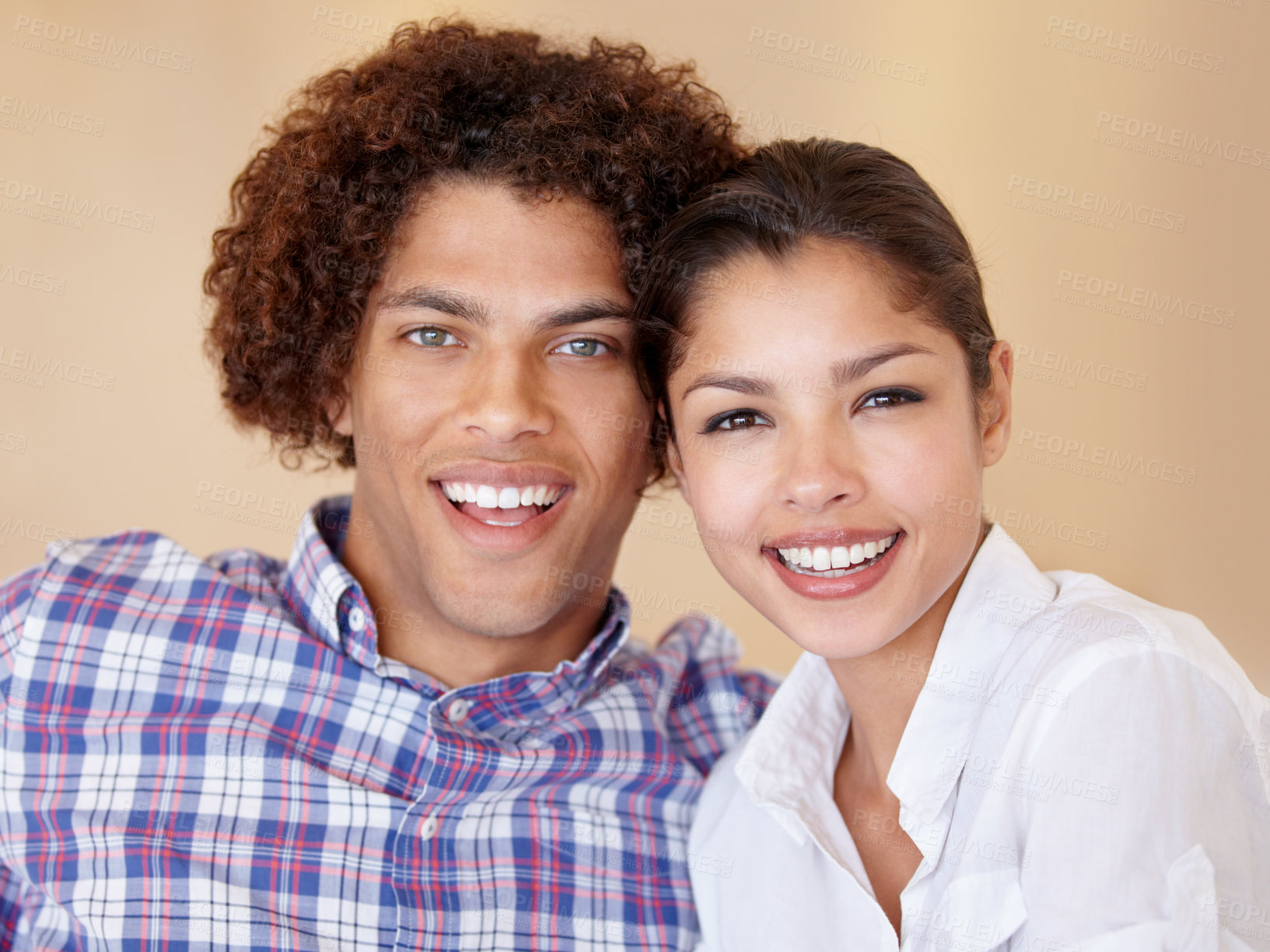 Buy stock photo Couple, bonding and support in studio portrait, love and loyalty in relationship on brown background. People, partnership and relaxing together, security and trust in marriage commitment or care