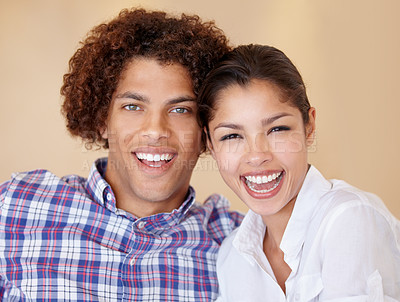 Buy stock photo Couple, humor and laughing in studio portrait, love and bonding in relationship on brown background. Happy people, loyalty and comedy for support, security and trust in marriage commitment or care