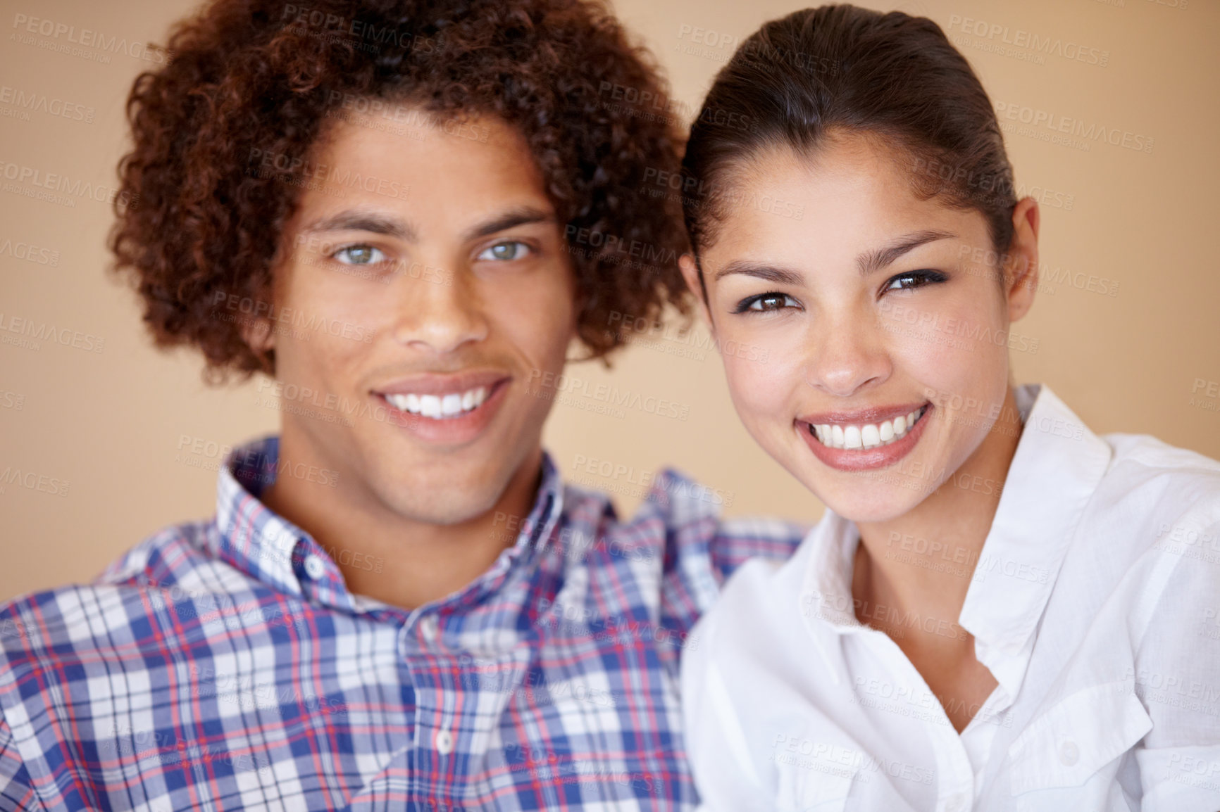 Buy stock photo Couple, bonding and care in studio portrait, love and loyalty in relationship on brown background. People, partnership and relaxing together, security and trust in marriage commitment or connection