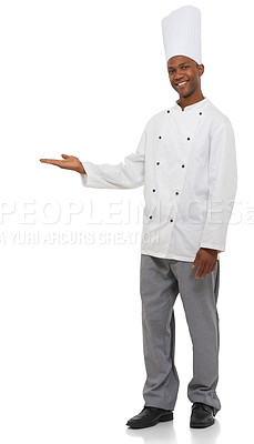 Buy stock photo Portrait, smile and black man chef with hand pointing to studio for checklist, menu or promo on white background. Bakery, presentation or face of male baker showing food tips, guide or sign up info