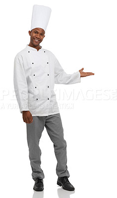 Buy stock photo Black man, chef and advertising with hands, portrait and confident guy on white studio background. African person, culinary expert or mockup space with career, food industry and employee with uniform