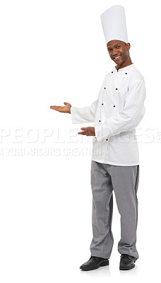 Buy stock photo Cooking, portrait and black man chef with hand pointing to studio for checklist, menu or promo on white background. Bakery, presentation or face of male baker showing food tips, guide or sign up info