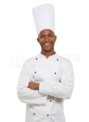 Buy stock photo Portrait, african chef and happy in studio in hospitality career, young cook and small business entrepreneur. Black man, smile and arms crossed in confidence and uniform with hat by white background