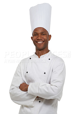 Buy stock photo Portrait, african chef and smile in studio in hospitality career, young cook and small business entrepreneur. Black man, happy and arms crossed in confidence and uniform with hat by white background