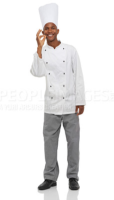 Buy stock photo Man, chef and okay sign with hands, professional and happy guy on white studio background. African person, culinary expert and mockup space with career, food industry and employee with uniform