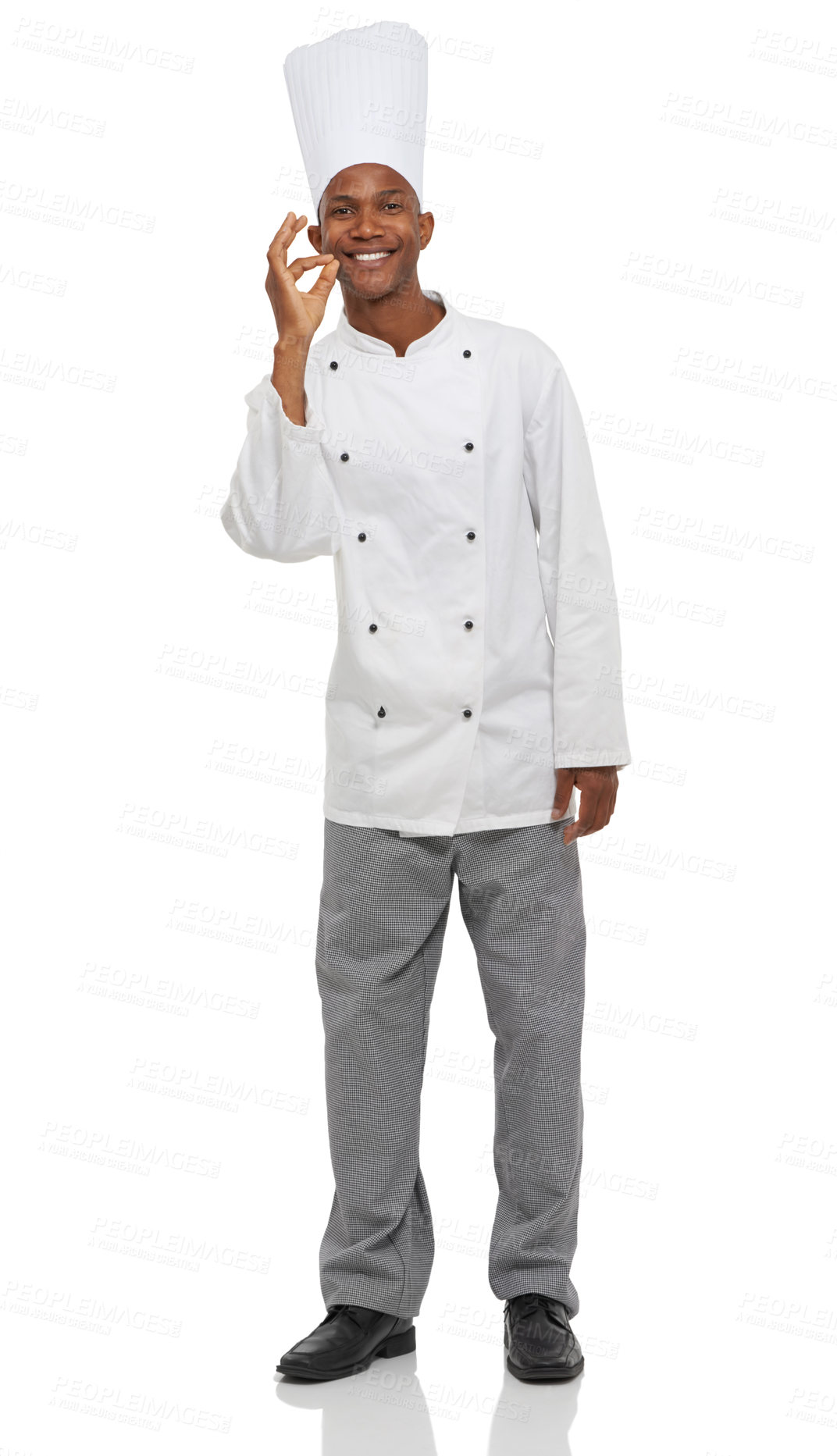 Buy stock photo Man, chef and okay sign with hands, professional and happy guy on white studio background. African person, culinary expert and mockup space with career, food industry and employee with uniform