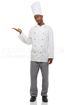 Buy stock photo Portrait, chef and advertising with hands, professional and isolated guy on white studio background. African person, culinary expert or mockup space with career, food industry and employee uniform