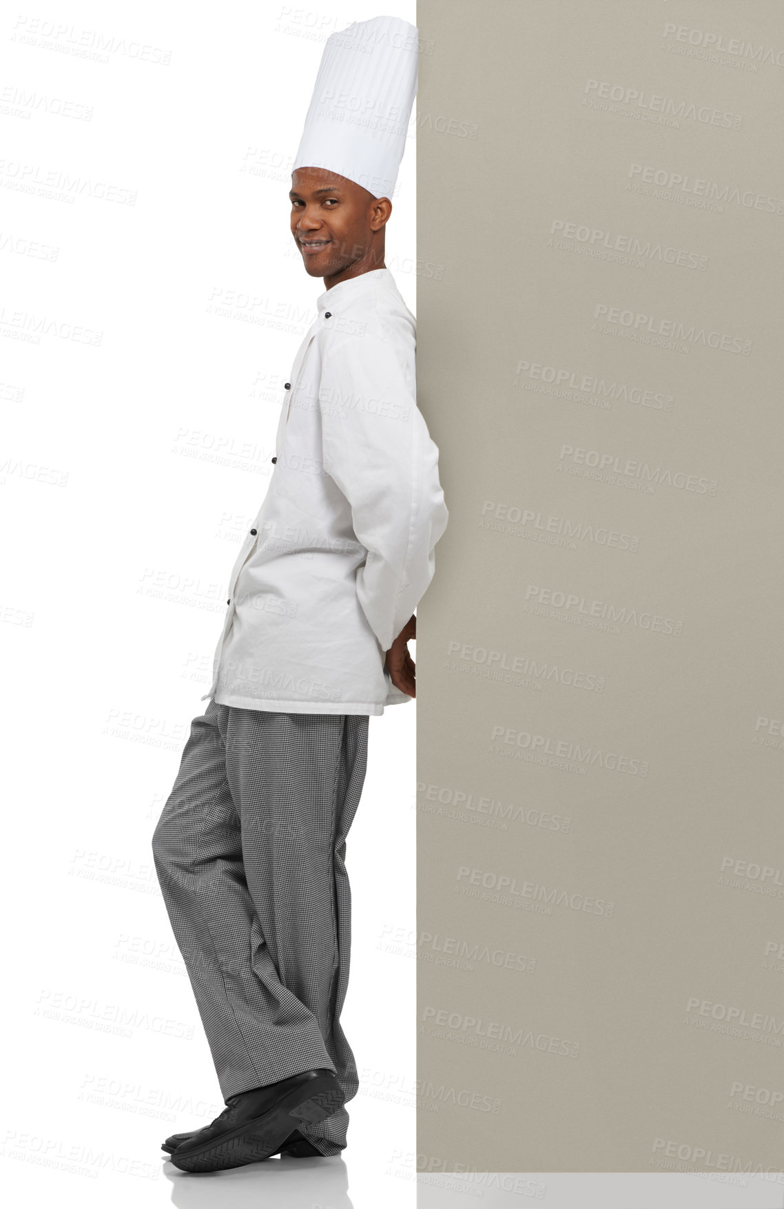 Buy stock photo Portrait, happy man and chef on poster menu in studio isolated on a white background mockup space. Smile, cooking and African person on billboard for advertising, marketing and promotion banner sign