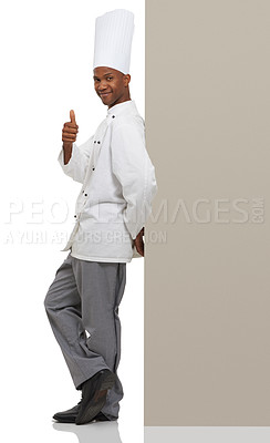 Buy stock photo Portrait, happy man and chef thumbs up on billboard menu in studio isolated on white background mockup space. Poster, cooking and African person with like hand gesture for advertising or marketing