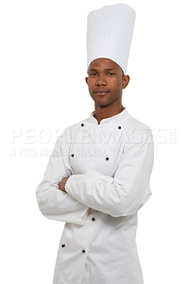 Buy stock photo Portrait, black chef and arms crossed in studio in hospitality career, cooking job and small business entrepreneur. African man, confident and food industry and uniform with hat by white background